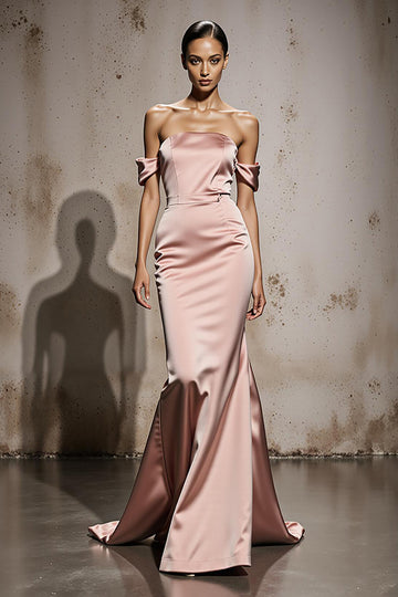 Off The Shoulder Mermaid Light Pink Satin Evening Dress